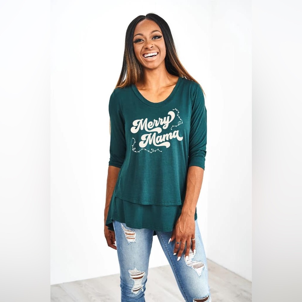 Latched Mama Merry Mama crew neck 3/4 sleeve nursing top forest green